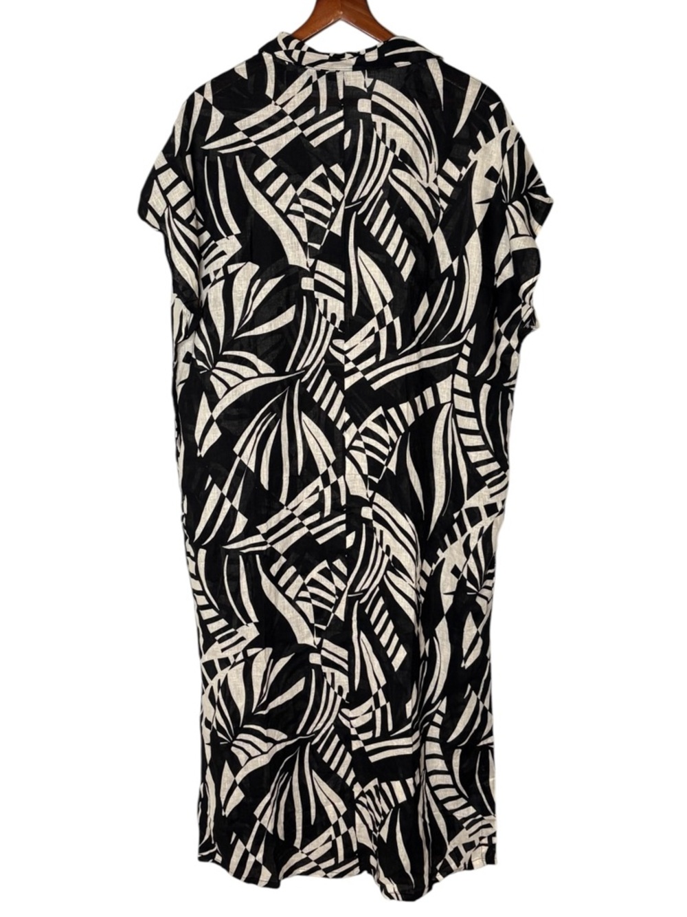 Tahari Linen Blend Kaftan Maxi Dress Black Off-White Geo Leaf Print • Size L - Picture 4 of 12